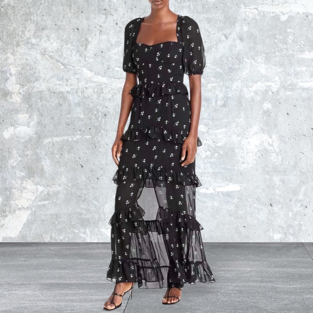 Wayf Black Floral Tiered Ruffle‎ Maxi Dress Puff Sleeve Smocked Back Med NWT